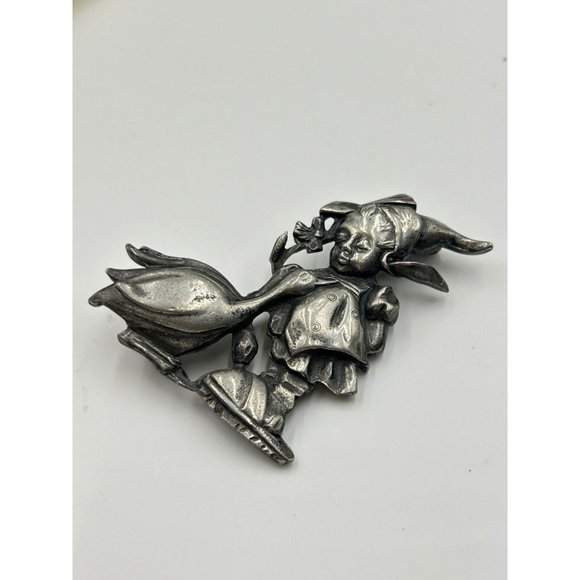 Vintage SILSON UNSIGNED Girl Goose Brooch Hummel Inspired Silver Tone Book Piece - Picture 3 of 6